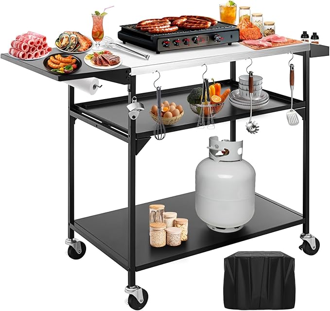 Outdoor Pizza Oven Table,Three-Shelf Outdoor Table with Waterproof Cover, Pizza Oven Stand Tables with Wheels, Movable Outdoor Grill Food Prep Heavy Duty Grill Cart
