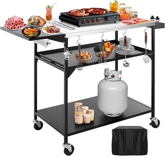 Outdoor Pizza Oven Table,Three-Shelf Outdoor Table with Waterproof Cover, Pizza Oven Stand Tables with Wheels, Movable Outdoor Grill Food Prep Heavy Duty Grill Cart