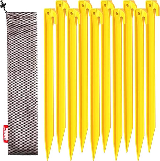 10-Pack Plastic Tent Stakes – 9-Inch Heavy Duty Canopy Anchoring Pegs for Camping, Gardening, Landscaping, Backpacking – Lightweight, Rust-Proof, Reusable Camping Stake