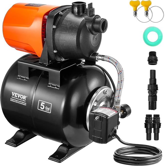 VEVOR 1 HP Shallow Well Pump with Pressure Tank, 1000 GPH/3700 L/H, Automatic Irrigation Water Booster Pump with 164 ft Lift 20/40 PSI Pressure Switch, Thermoplastic Pump Head for Home Garden Lawn