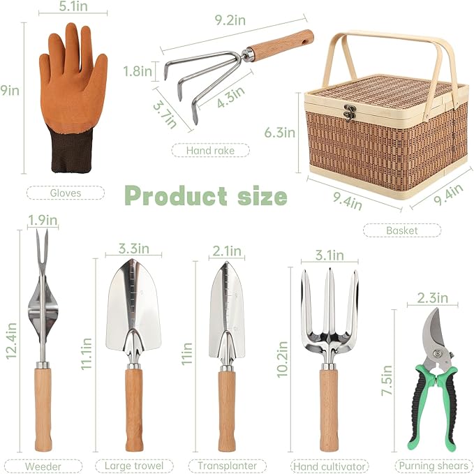 8 Piece Heavy Duty Gardening Hand Tools Set with Bamboo Gift Box Pruning Shears, Weeder and Heavy Duty Stainless Steel Gardening Tools with Wooden Handles - Ideal Gardening Gift for Women