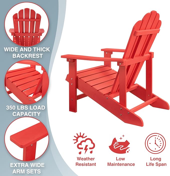 Psilvam Classic Adirondack Chair, Standard-Sized Poly Lumber Fire Pit Chair, 350Lbs Support Weather Resistant Patio Chairs for Garden, Party, Beach(Red)