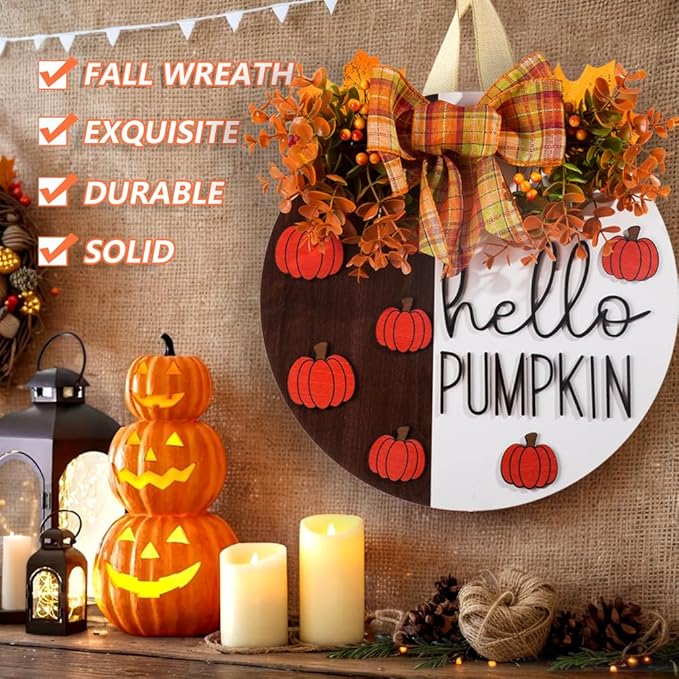 Hello Pumpkin Wooden Door Hanger Fall Outdoor Wreath with Bow & Wreath | Thanksgiving Fall Front Door Decor | Rustic Harvest Farmhouse Sign for Porch, Wall | Indoor Outdoor Autumn Home Decor