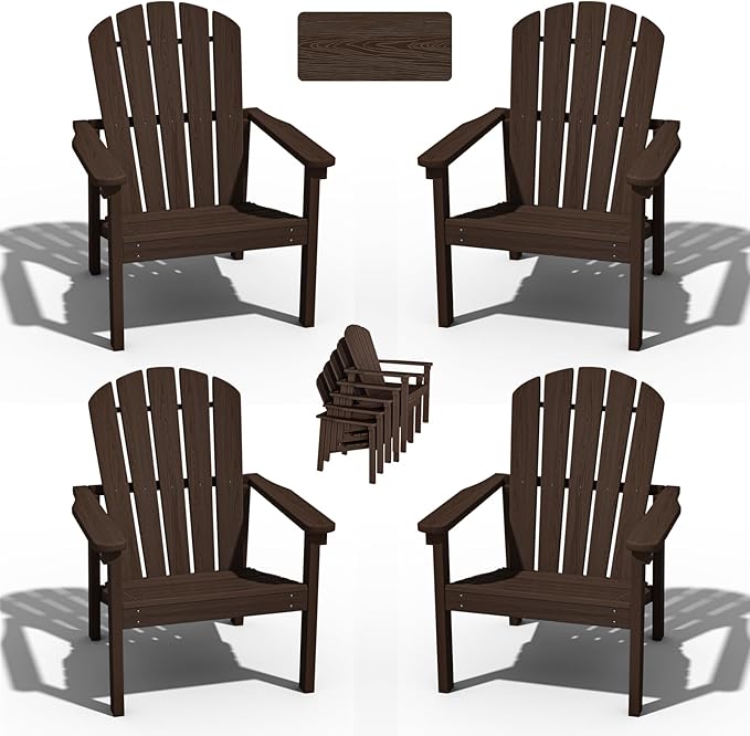Stackable Adirondack Chair Set of 4, HDPE Outdoor Patio Chair - Durable and Space Saving, Suitable for Porches, Lawns or Garden, Coffee
