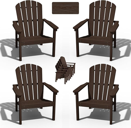 Stackable Adirondack Chair Set of 4, HDPE Outdoor Patio Chair - Durable and Space Saving, Suitable for Porches, Lawns or Garden, Coffee