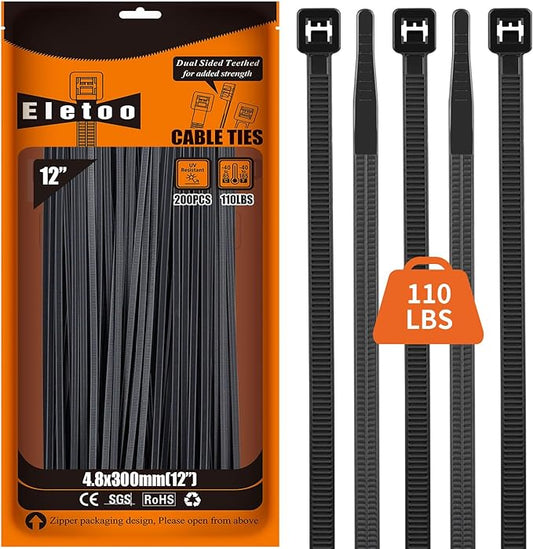 12 Inch Black Zip Ties (200 Pack), 2024 New Patented Design,110 LBS Tensile Strength, Self-Locking Nylon PA66 UV Resistant Cable Ties for Indoor and Outdoor Use