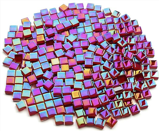 0.66lbs Ruby Red Iridescent Mosaic Tiles, 3/8" Square Glass Pieces With Smooth Edges, Ideal for Making Supplies, Small Colored Glass Tiles for DIY Coaster Projects