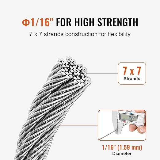 VEVOR 1/16 Wire Rope, 330 FT 304 Stainless Steel Cable with 80 Sleeves, 20 Thimbles, 450 lbs Breaking Strength, 7x7 Strands Marine Aircraft Grade for Handrail Stair Decking Fence Outdoors