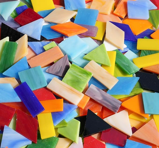 Lanyani 2.4lb Bulk Extra-Large Mosaic Glass Tiles, Opaque Stained Glass Tile Mosaic Pieces in Vibrant Mixed Colors, 4 Shapes for DIY Crafts and Hobbies