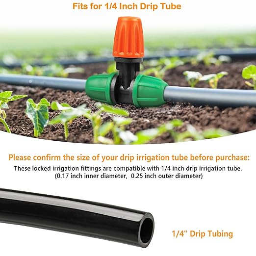 Drip Irrigation Fittings Kit for 1/4" Tubing, 65 Pcs Drip Line Lock Barbed Connectors for Drip Systems - 18 Couplings, 15 Tees, 12 End Caps,1 0 Elbows, 5 Cross Connectors, 5 Misters Nozzles