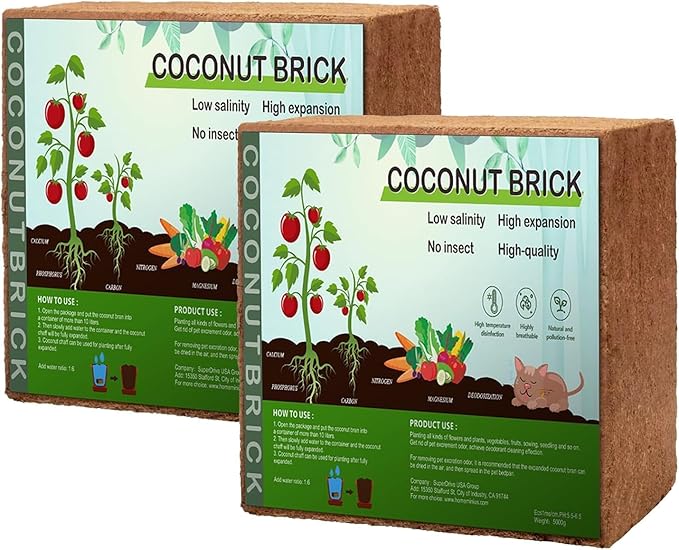 Premium Coco Coir Brick, 11Lbs High Nutrient Compressed Coconut Soil, OMRI 100% Organic Low EC & PH Balanced Potting Soil for All Plants Gardening, Hydroponics and Reptile Substrate 2-Pack