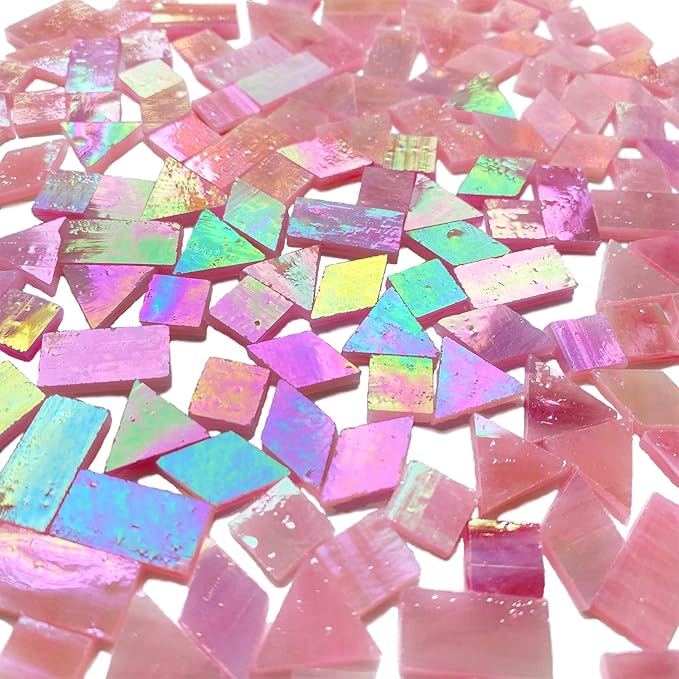 Magic Iridescent Pink Stained Glass Mosaic Tiles for Crafts, 280 Pieces Mixed 4 Shapes Stained Glass Sheets Pieces for Mosaics