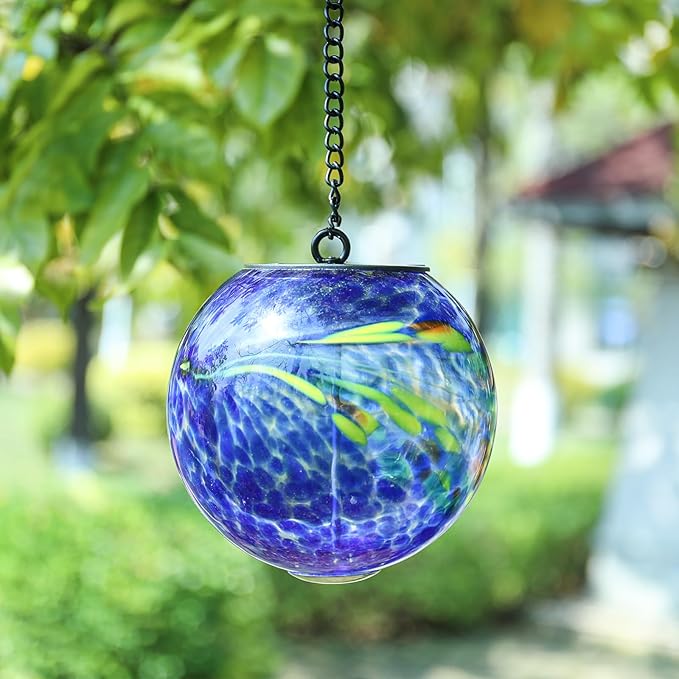 VCUTEKA Solar Hanging Lanterns Outdoor Decoration, Glass Solar Lights with Hook Up, Solar Garden Gazing Ball Light for Yard, Tree and Patio Decor, Blue