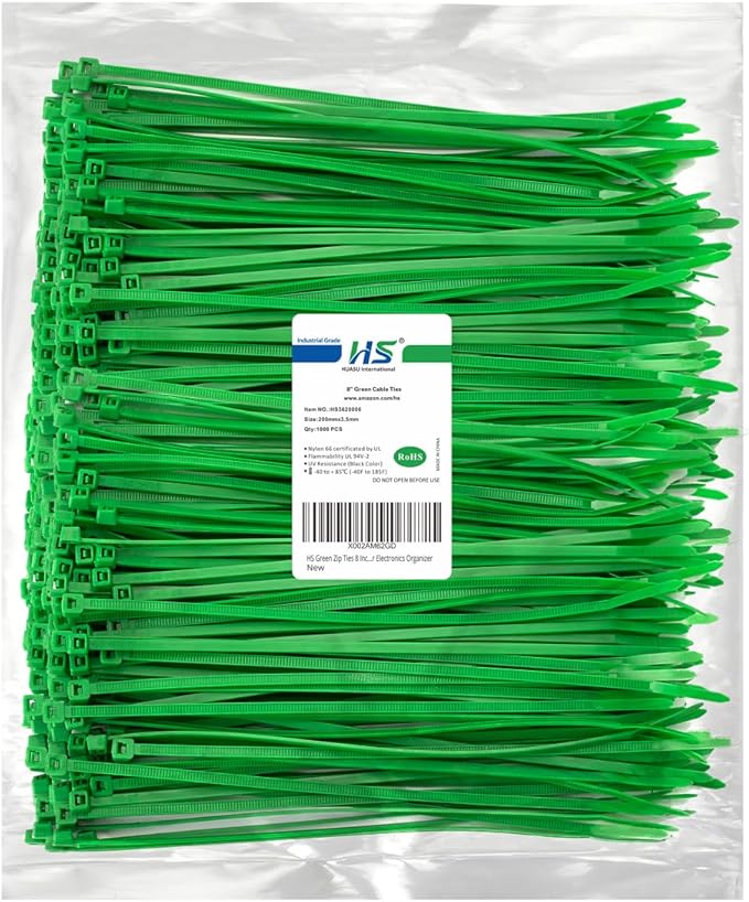 HS Green Zip Ties 8 Inch (Bulk-1000 Pack) Nylon Cable Ties 40 Lbs Self-Locking Wire Ties for Electronics Organizer