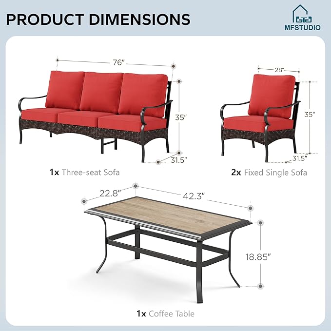MFSTUDIO 4 Pieces Outdoor Patio Furniture Set, Metal Outdoor Conversation Set, Rattan Wicker Patio Sectional Sofa Set with 2 x Fixed Single Sofa, 3-Seat Sofa, 1 x Coffee Table, Red