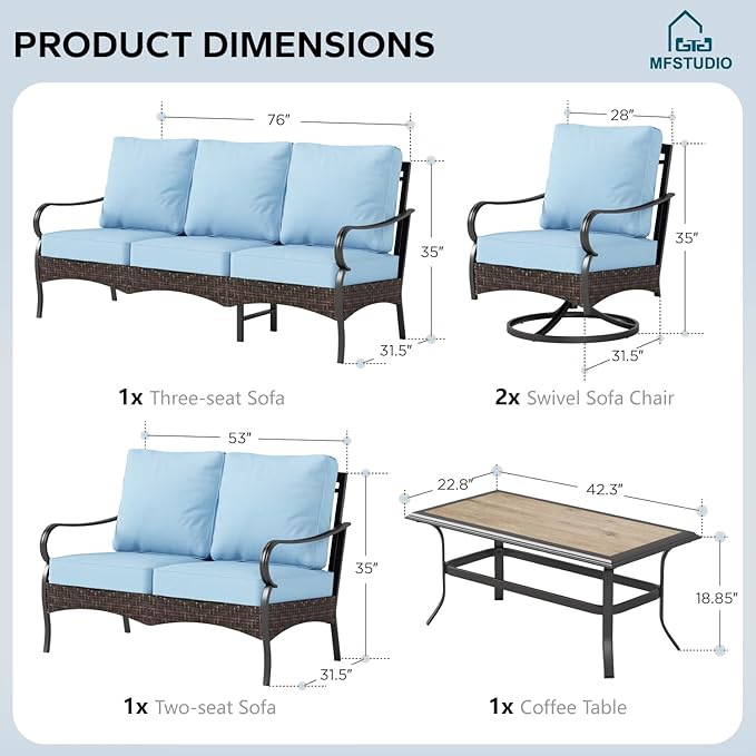 MFSTUDIO 5 PCS Outdoor Patio Furniture Set, Metal Outdoor Conversation Set, Rattan Wicker Patio Sectional Sofa Set with 2 x Swivel Single Sofa, 2-Seat and 3-Seat Sofa, 1 x Coffee Table, Blue