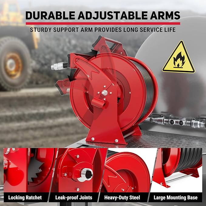 Fuel Hose Reel, Retractable 1" x 50' Extra Long Diesel Hose, 300 PSI Industrial Carbon Steel Diesel Hose Reel Auto Swivel Rewind with Fueling Nozzle for Vehicle Tank Truck Trailer Ship