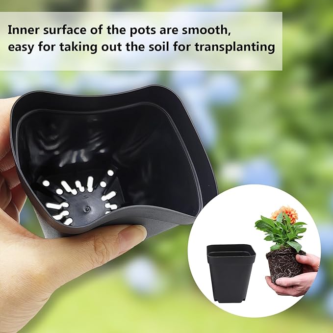 Square Nursery Pots Clearance (2.7", 3", 3.5", 4") with Drainage Holes 20 Pcs, Plastic Seed Starting Pots, Sturdy and Durable Seedling Pots for Planting, Cuttings and Transplanting, Black