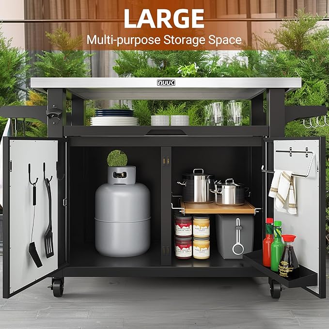 NUUK Outdoor Grill Cart with Storage Cabinet Metal Kitchen Island Prep Table with Movable Universal Wheels and Stainless Steel Top for Outside BBQ Backyard Include Hooks Spice Rack