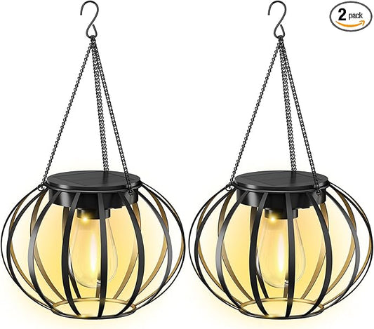 Solar Lanterns Outdoor Waterproof - 2 Pack Solar Outdoor Lanterns, 15"" Solar Lights Outdoor Hanging, Lanterns Decorative Outdoor Pumpkin Shape, Black, Wq-OSL-001