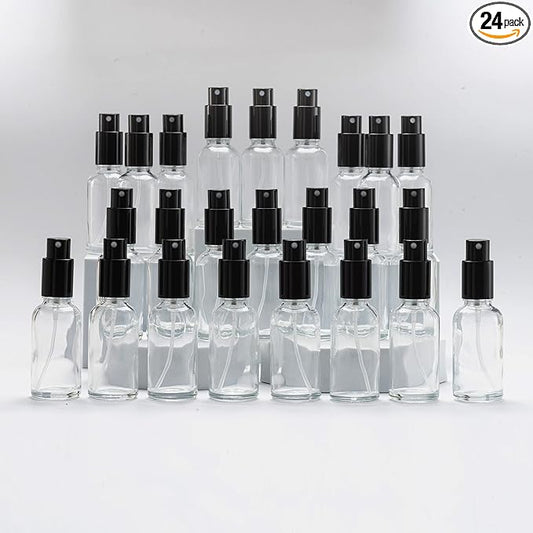 YIZHAO Clear Glass Spray Bottles 1oz, with Small Fine Mist Spray, Metal Cap, Refillable for Essential Oil,Travel,Cleaning,Perfume,Aromatherapy,Makeup – 24 Pcs