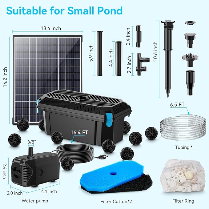 POPOSOAP Solar Water Pump with Pond Filter, 25W Solar Pond Filter with Fountain Pump Water Flow Adjustable, Pond Filter with Tubing for Outdoor Ponds Fish Tank Pool Garden Water Feature Waterfall
