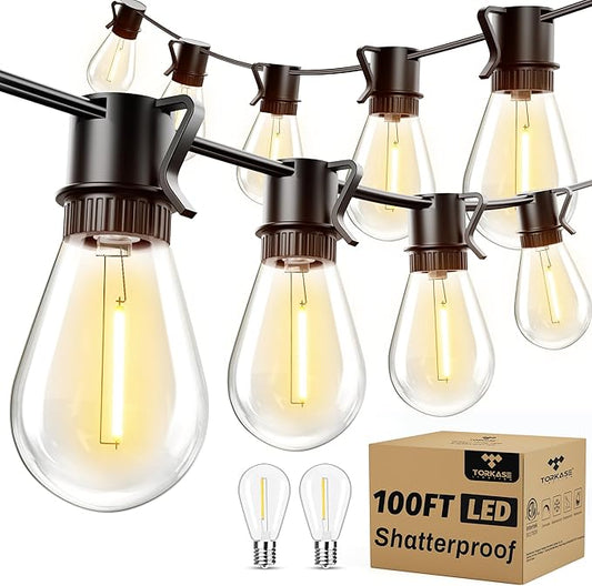 Torkase 100FT Outdoor String Lights LED, 30+2 S14 Shatterproof Bulbs, Dimmable Patio Lights, IP54 Waterproof Connectable for Pergola Lighting, Backyard, Porch,Weddings, Cafe, Party