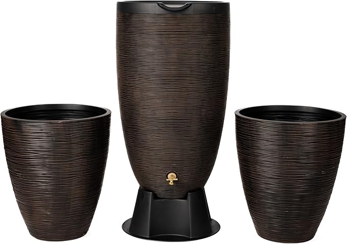 Newport 50‑Gallon Flat‑Back Rain Barrel with Stand & Planter Bundle – Bronze | Removable Lid, UV-Stabilized Outdoor Water Storage