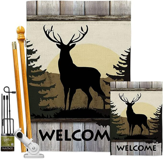 Welcome Deer Garden House Flags Kit Animals Wildlife Outdoor Bear Wolf Pet Nature Farm Animal Creature Small Decorative Gift Yard Banner Double-Sided Made In USA 28 X 40