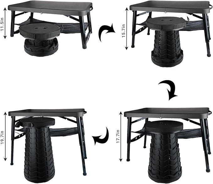 Folding Table and Stool, Small, Black, 4 Foot Outdoor Portable Table, Adjustable Height, Camping, Picnic, RV Table, 55lbs Load-Bearing, Lightweight