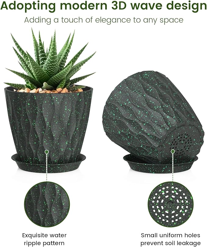 5 inch Plant Pots for Indoor Outdoor Plants, 6 Pack Thick Nursery Pots with Drainage Holes and Saucers, 3D Modern Wave Texture Small Plastic Planter Flower Pots, Black with Green Speckles