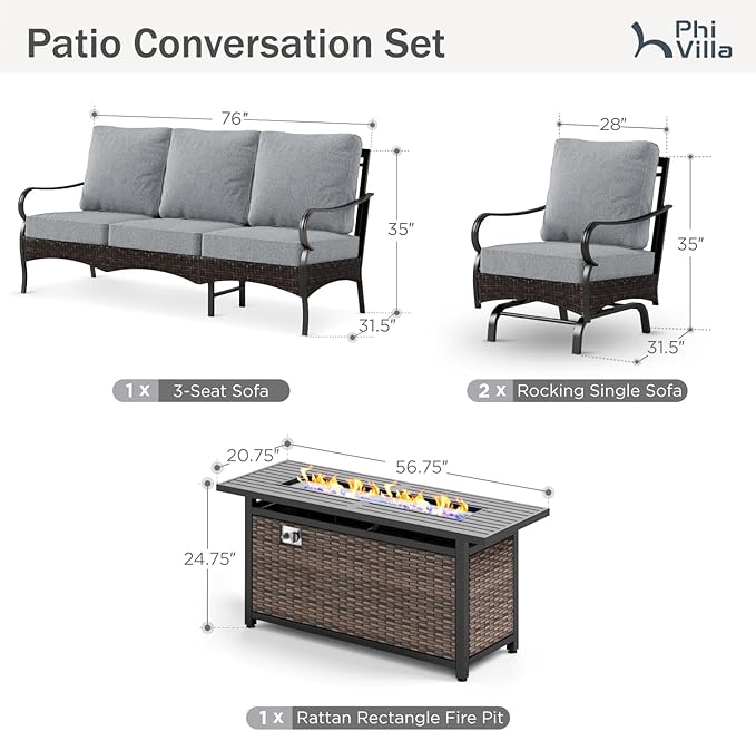 PHI VILLA Patio Furniture Set with 56" Fire Pit Table, Premium Outdoor Wicker Metal Frame Furniture with Upgraded Waterproof Thick Cushions for Porch, Poolside, Deck, and Yard （4 Pieces,Grey