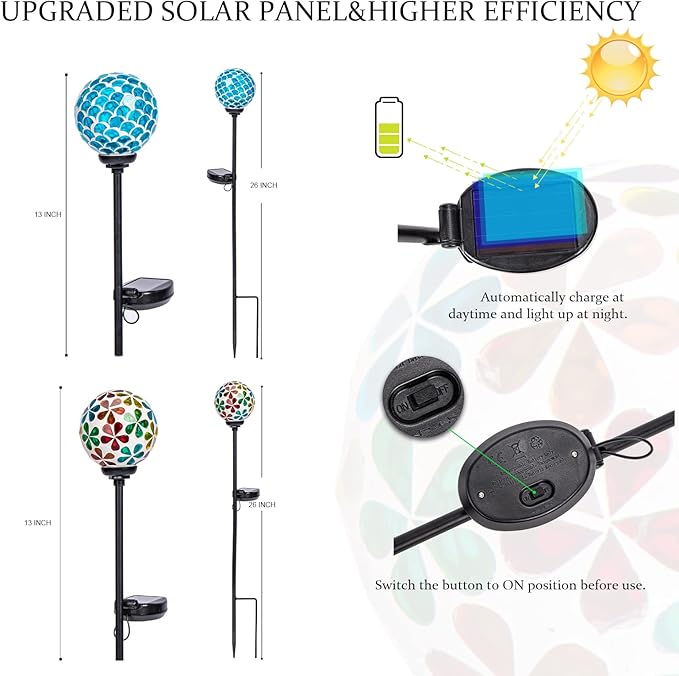 VCUTEKA Solar Garden Lights, Mosaic Solar Light Outdoor Waterproof LED Pathway Stake Light for Landscape Patio Yard Deck Walkway Decoration, 2 Pack