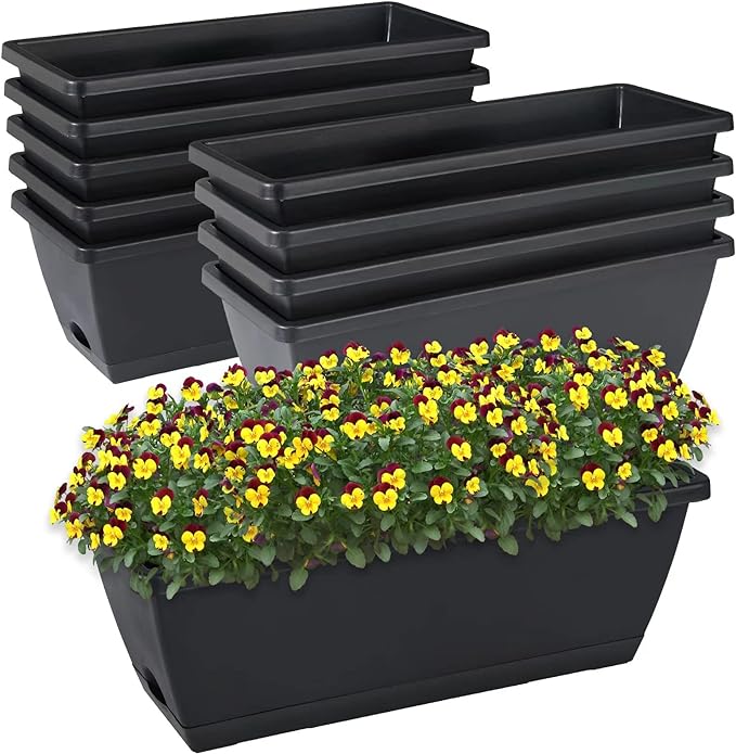 Window Box Planter, 10 Pack Plastic Vegetable Flower Planters Boxes 17 Inches Rectangular Flower Pots with Saucers for Indoor Outdoor Garden, Patio, Home Decor (Black)