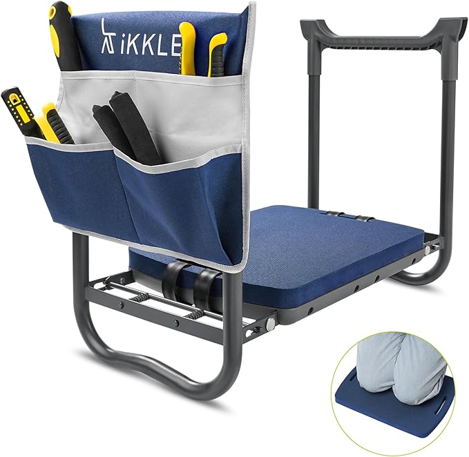 ikkle Garden Kneeler and Seat Gardening Stool Kneeler Folding Gardening Bench with Thicker Detachable Kneeling Pad and Tool Store Pouches (Blue)