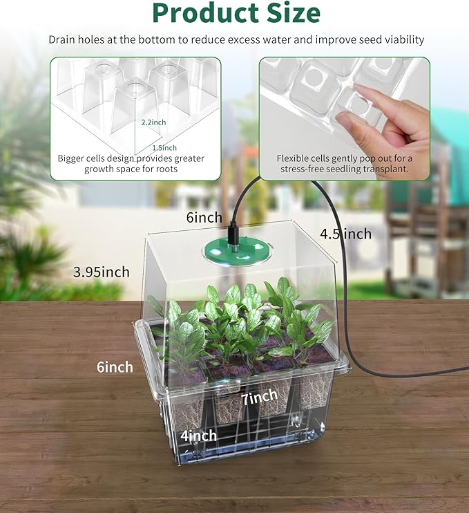 Seed Starter Tray, 60-Cells Seedling Starter Trays with Grow Light, Self-Watering Seed Germination Kit for Indoor Gardening Seed Starting (5 Pack, Clear Base)