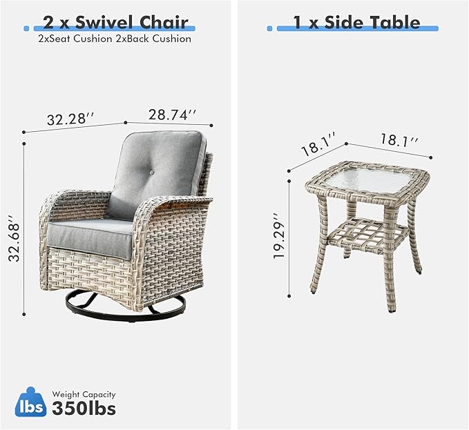 Outdoor Swivel Rocker Patio Chairs with Side Table,Wicker Swivel Rocking Chair Set of 2,3PCS High Back Wicker Patio Furniture Set Glider Chairs for Porch, Balcony, Deck,Yard,Dark Grey