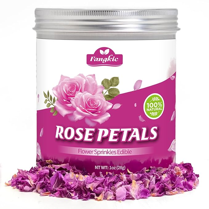 Fangkic Dried Rose Petals-1oz(28g) Dried Edible Flower Cake Decoration, Edible Rose Petal for Cocktails Drinks Baking Tea Soap & Candle Making, Gluten-Free, No Additives