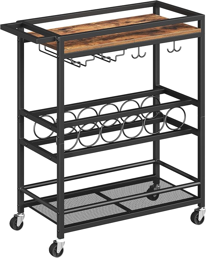 Bar Cart for Home, 3-Tier Serving Cart with Wine Rack, Rolling Wine Cart with Glass Holders, Beverage Cart, for Living Room, Dining Room, Rustic Brown and Black RCHR11801
