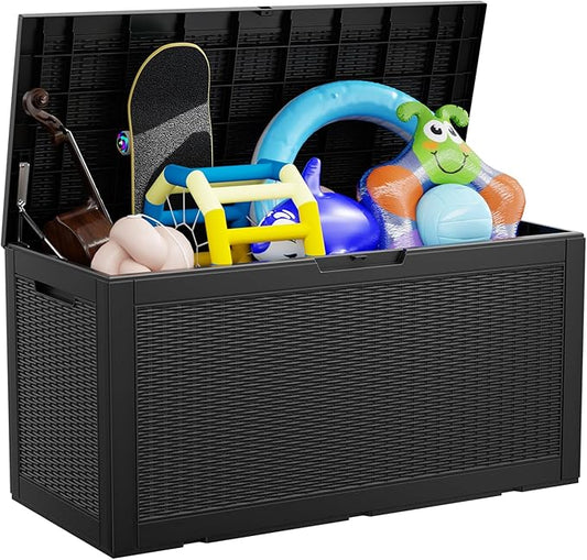100 Gallon Deck Box,Resin Outdoor Storage Box with Lockable for Patio Furniture, Pool Accessories, Garden Tools Waterproof Outside Storage Box, Black