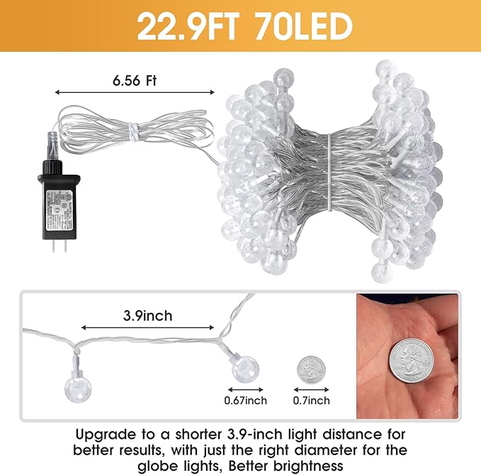 22.9ft 70LED Globe String Lights Outdoor, Crystal Fairy Light IP44 Waterproof Outdoor Hanging Decorative Lights for Home Tent Patio Garden Party Wedding Decor