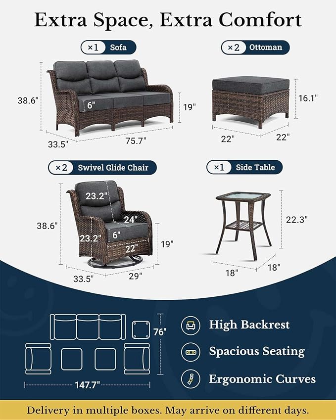 HILLGA Luxury Patio Furniture Set with 6-inch Thick Cushion, Outdoor Couch and High Back Swivel Rocker Patio Chairs, 6PCS Wicker Conversation Set for Deck Yard and Poolside, Dark Grey (V2)