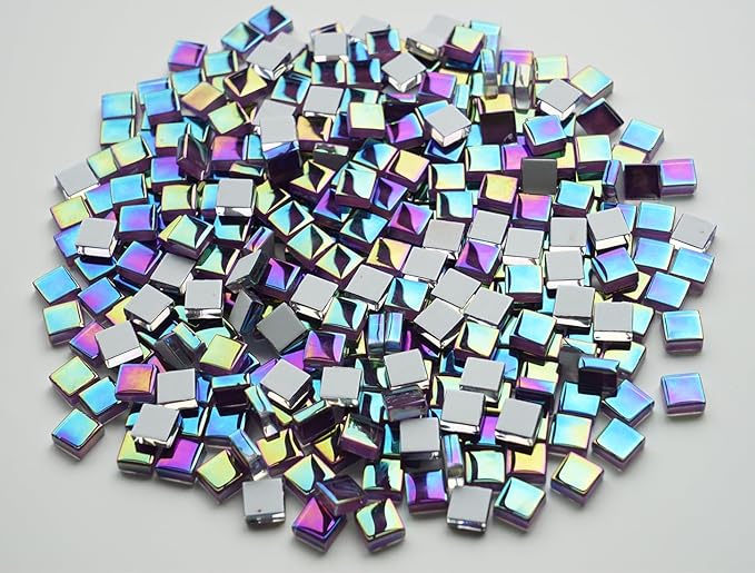 300G Iridescent Mosaic Tiles for Crafts, 335pcs Small Purple Crystal Glass Tiles for Mosaic Making Projects, 3/8" Square Stained Glass Mosaic Pieces for DIY Mosaic Work, Tiles for Glass Art