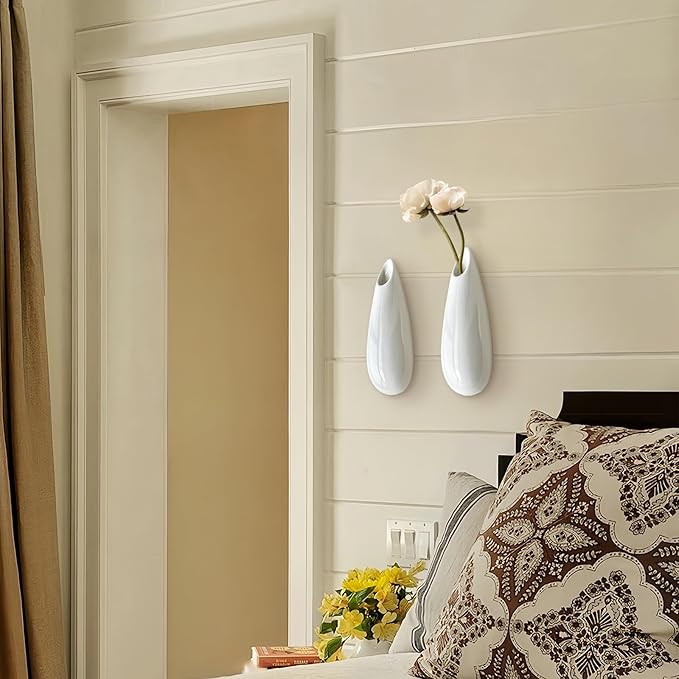 2 Pack White Ceramic Wall Vases,7.9 Inch Wall Hanging Plant Holder,Cubicle Modern Decor Plant Holder Vase for Indoor Plants, Hanging Propagation Flower Pots for Air Vases