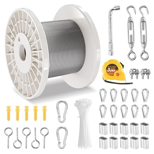 VEVOR 1/8 Wire Rope Kit, 100 FT Vinyl Coated 304 Stainless Steel Cable with 59 Accessories, Turnbuckles, 650 lbs Breaking Strength, Marine Aircraft Grade for Handrail Stair Decking Fence Outdoors
