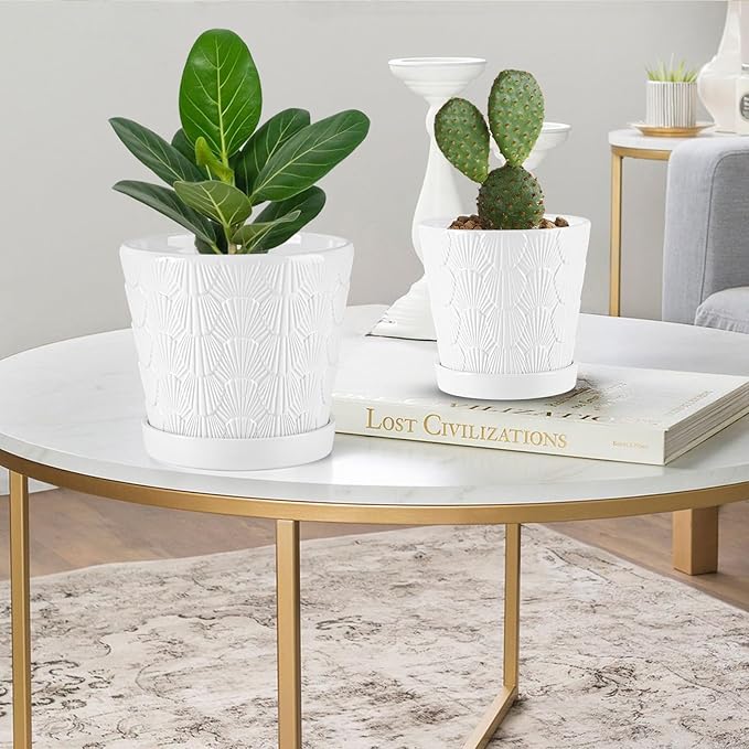 EFISPSS Ceramic Plant Pots, 5+6 Inch Pots for Indoor Plants, Planters with Drainage Holes and Tray, Modern Flower Pots Gardening Home Desktop Office Windowsill Decoration Gift Set of 2 - White