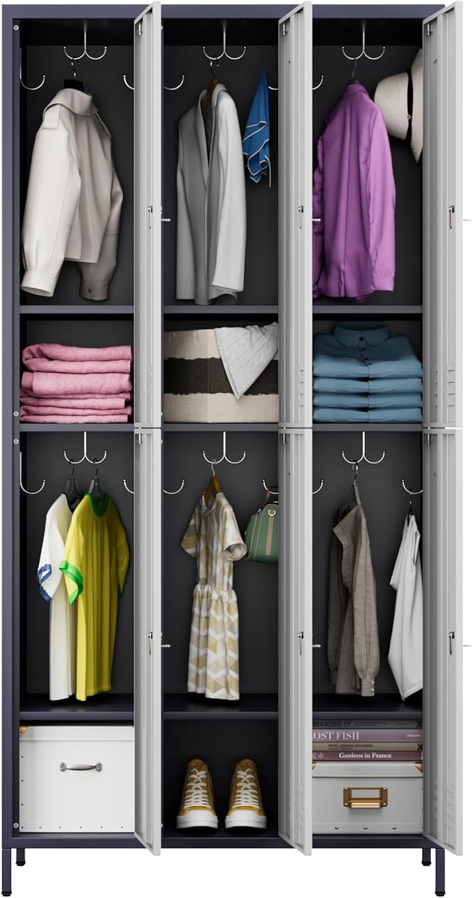 6 Doors Metal Lockers for Employees with 6 Shelves and 18 Hooks, Storage Locker with Business Card Holder for Office Gym School Bedroom, Assembly Required, White and Gray