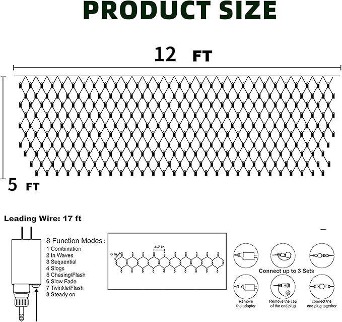 Dazzle Bright Christmas Net Lights, 360 LED 12FT x 5 FT Green Wire Waterproof Connectable String Lights with 8 Modes, Christmas Outdoor Lights for Bush Garden Party Wedding Holiday Decoration (White)