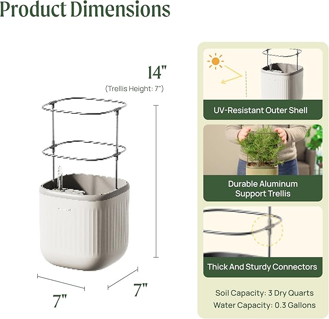 Vego garden Mini Planter Indoor Pots with Trellis Self-Watering Herb Countertop Planter for Climbing Vegetables Flowers Mint Plants Cage- Cream White
