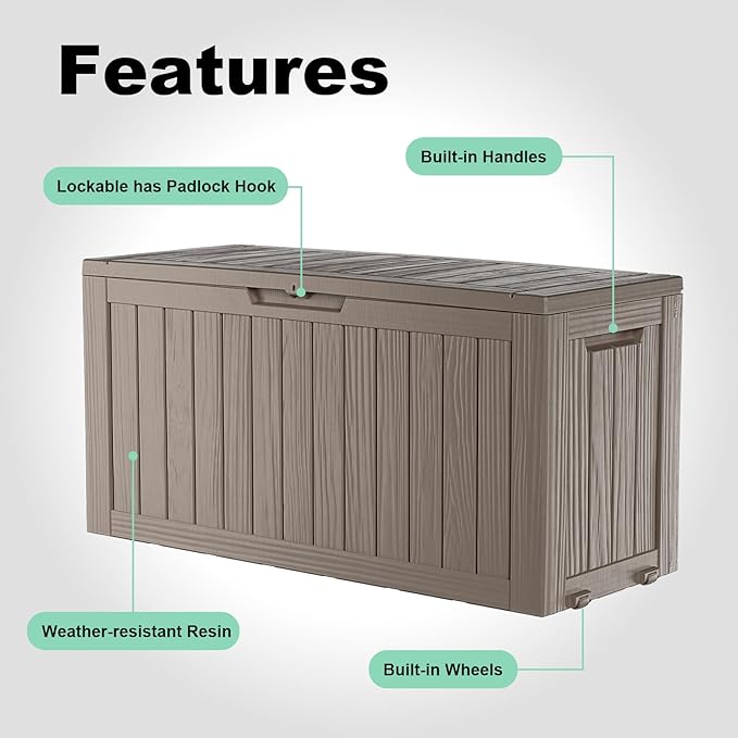 75 Gallon Resin Deck Box, Lockable Outdoor Storage Box for Patio Cushions Storage Furniture,Garden Tools, Pool Supplies, Weatherproof and UV Resistant (Grey)